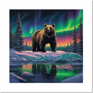 Brown Bear with Forest and Borealis, Colorful, Beautiful Posters and Art